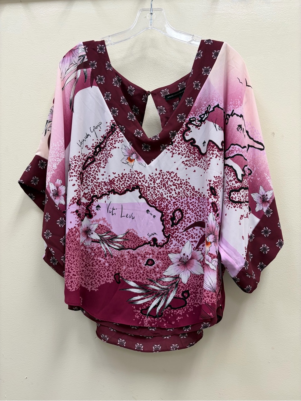 White House Black Market Pink and Burgundy Floral V-Neck Blouse